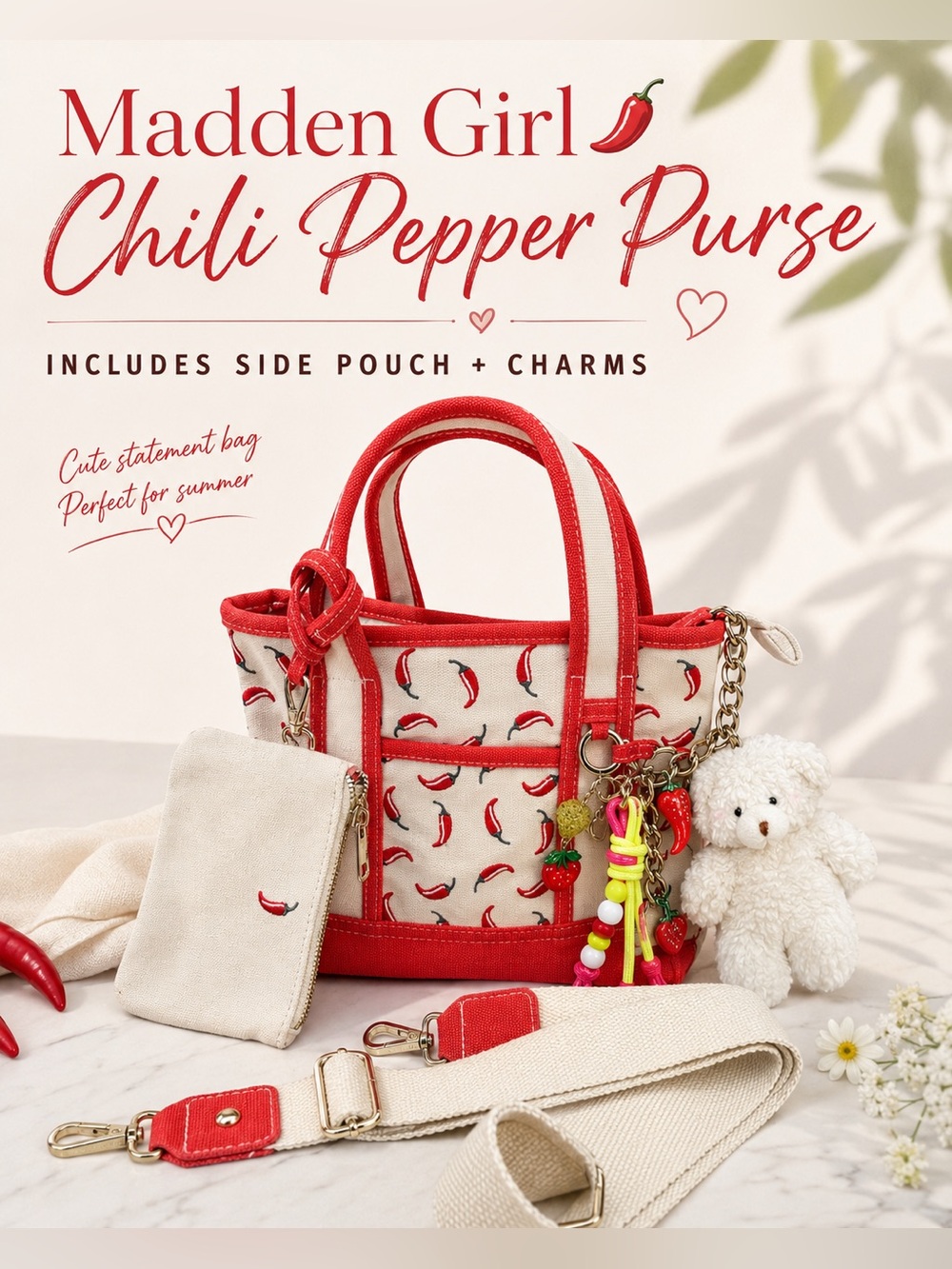 Madden Girl Red and Cream Chili Pepper crossbody Tote with bag charms